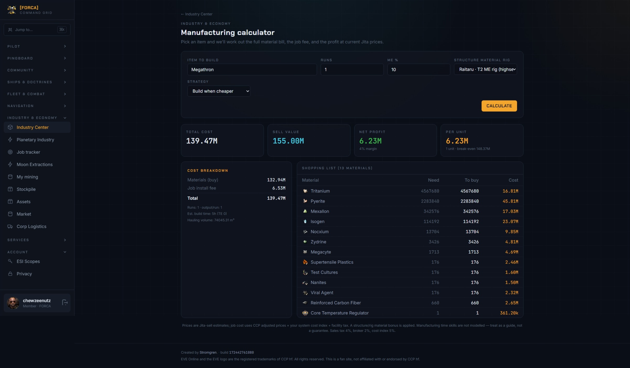 Manufacturing calculator costing a build with a material shopping list