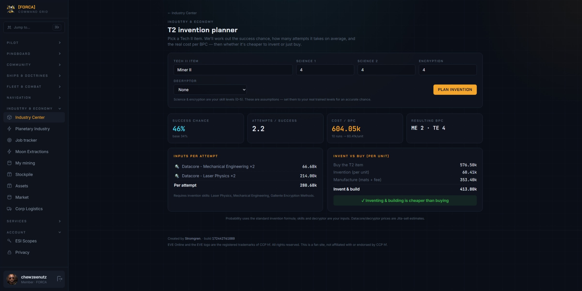 Tech II invention planner with success chance and invent-vs-buy verdict