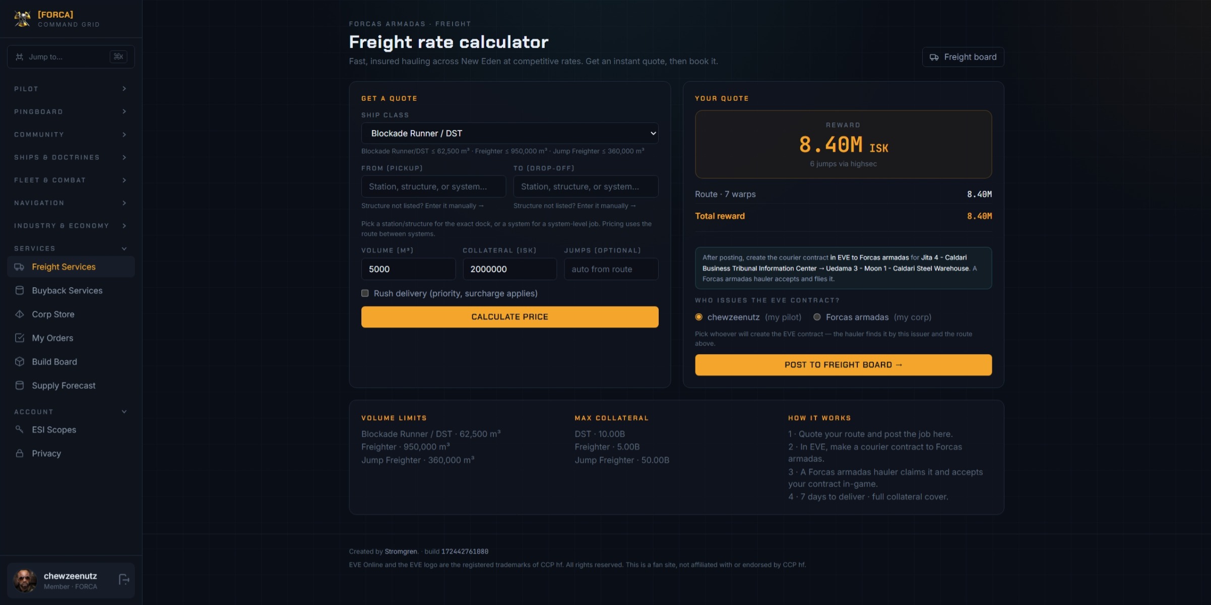 Freight rate calculator producing a courier quote