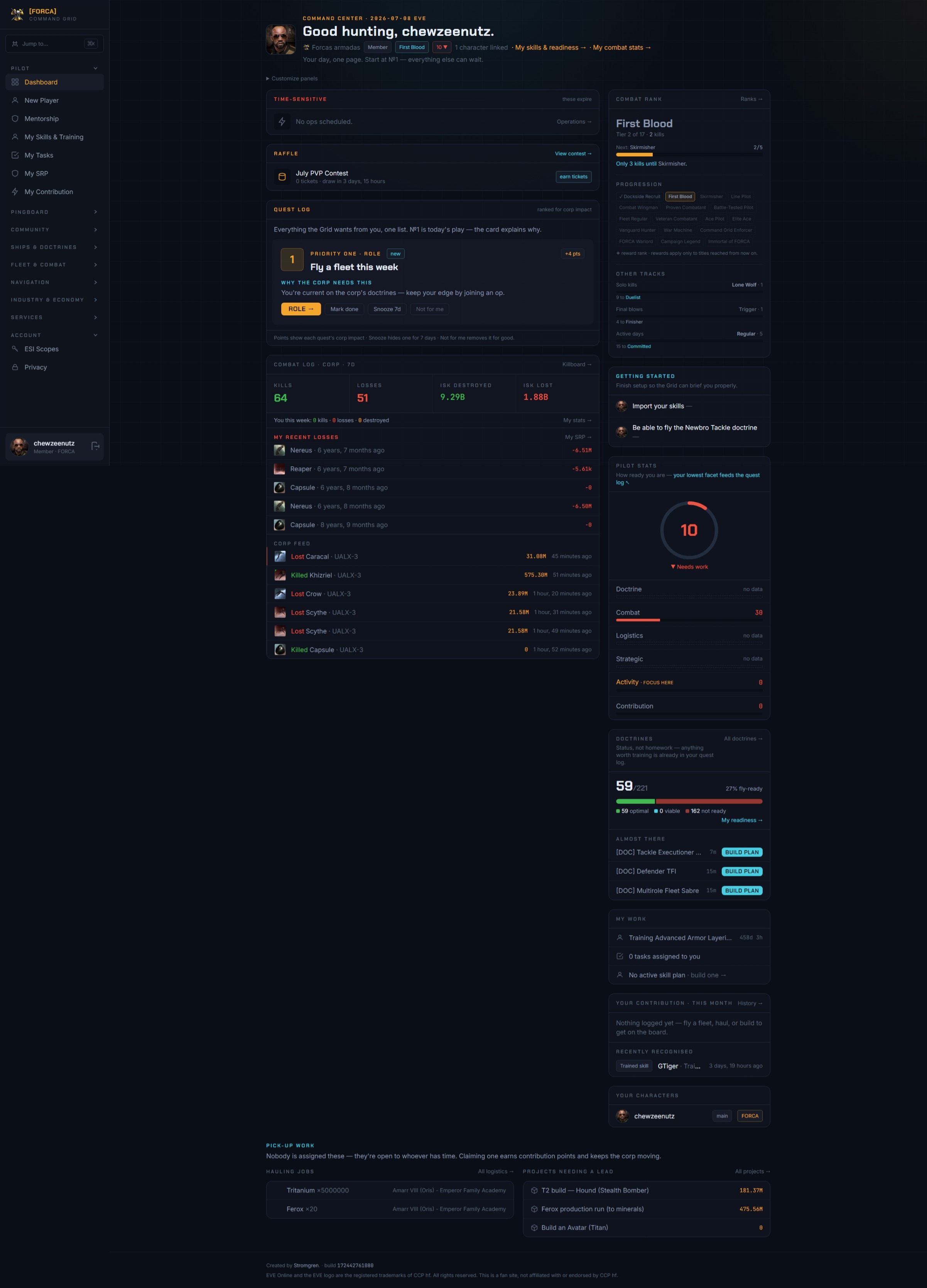 FORCA pilot Command Center dashboard with quest log, combat rank and readiness