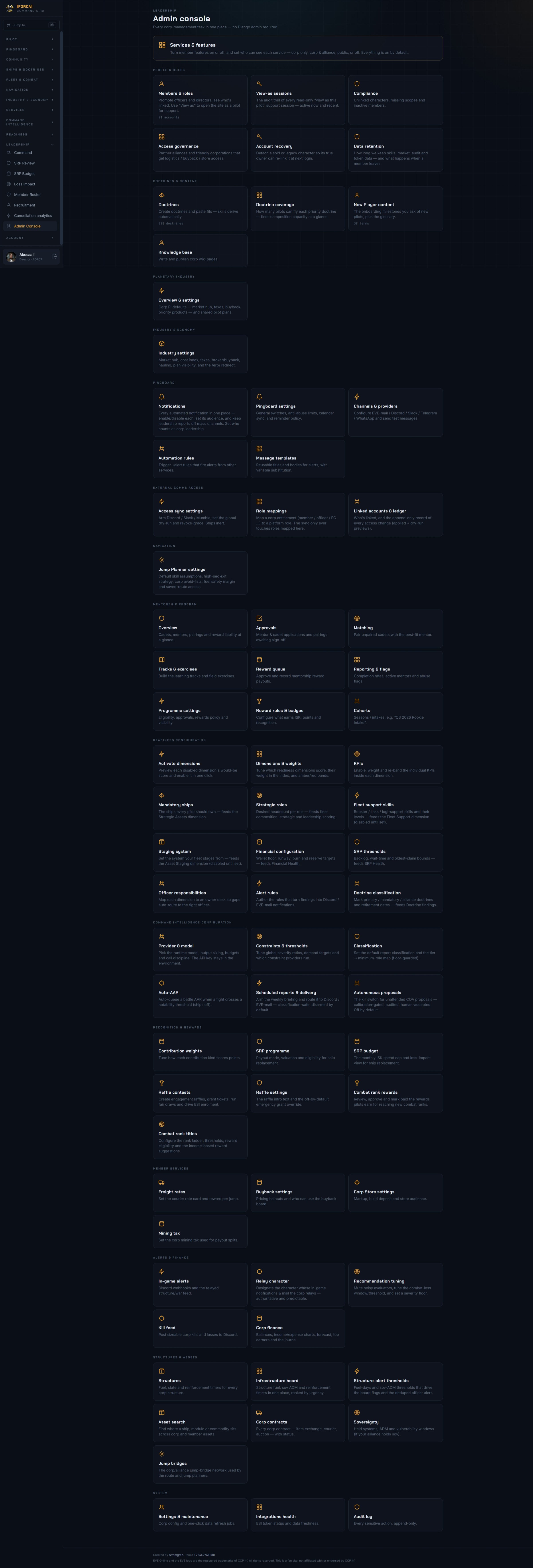 Leadership admin console with grouped configuration cards