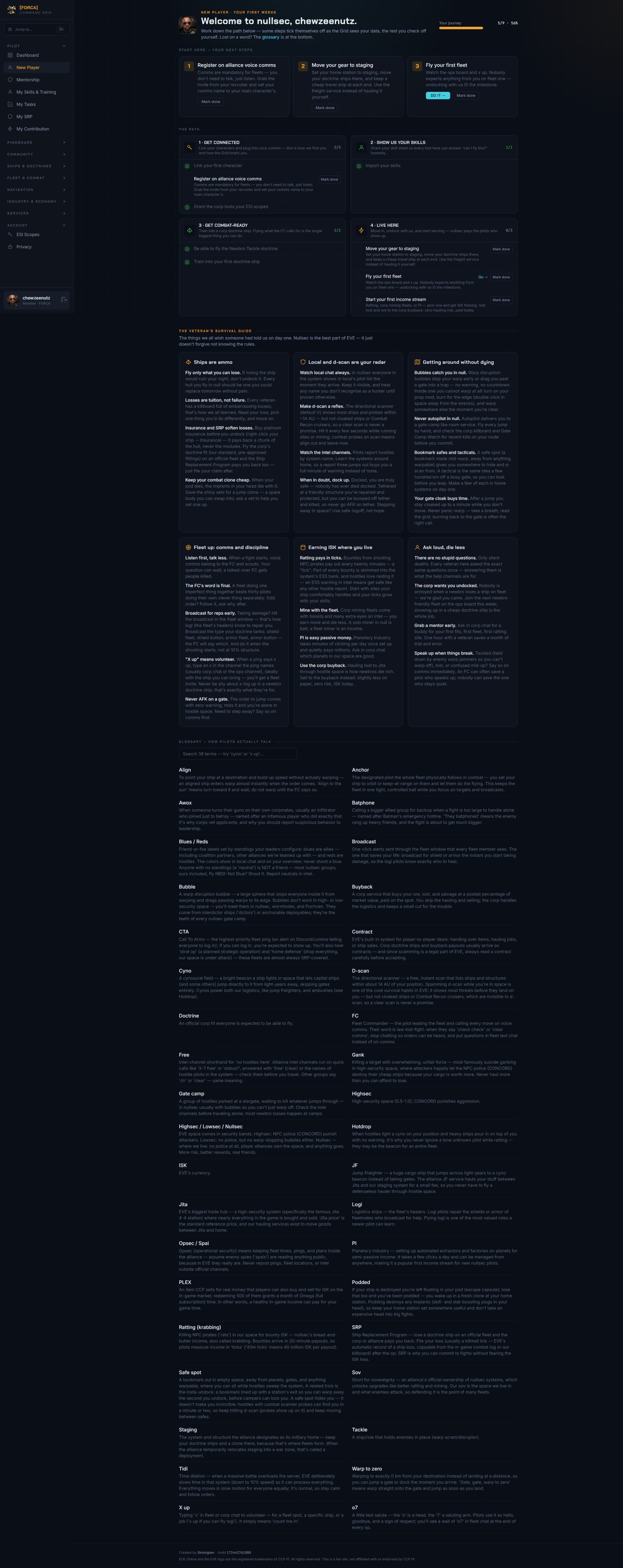 New Player onboarding page with progress tracker and glossary